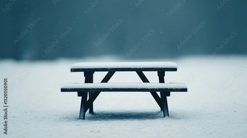 Poster snow falling on empty picnic table in winter park