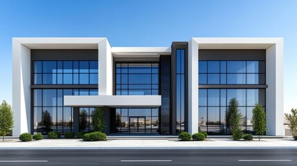 A sleek building showcases a large glass entrance flanked by neatly trimmed bushes and greenery under a clear blue sky during daytime, emphasizing contemporary architecture