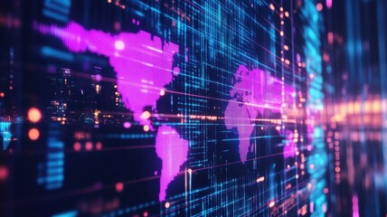 Abstract Futuristic digital world map with pixelated continents and flowing data streams, visualizing global communication and information exchange