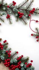 A festive Christmas border with pine branches, ornaments, and a wrapped gift, perfect for holiday-themed designs and backgrounds.