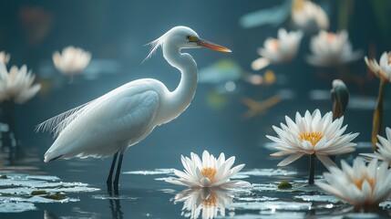 Naklejka premium Elegant White Bird Standing Gracefully Among Water Lilies in a Serene Pond Surrounded by Soft Mist and Gentle Reflections of Nature's Beauty