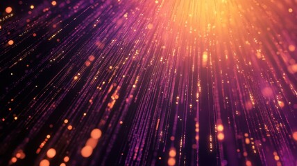 Obraz premium Golden particles falling like rain with bokeh effect from a bright light source on a purple background, ideal for websites, presentations and motion graphics