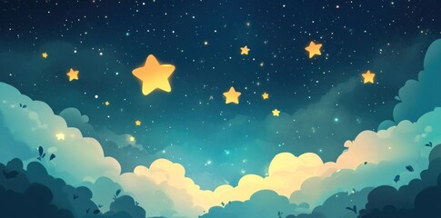 Obraz premium A Dreamy Night Sky Above Fluffy Clouds and Stars