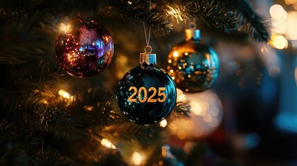 Christmas tree with four balls hanging on it with the inscription 2025. Abstract background of Christmas attributes with the next year number. High quality photo