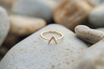 Golden toe ring with a minimalist geometric v shaped design, resting on smooth rocks, showcasing its elegant simplicity