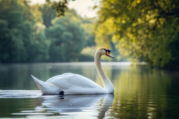 Majestic white swan swimming on a calm lake surrounded by lush greenery, showcasing elegance and tranquility in nature