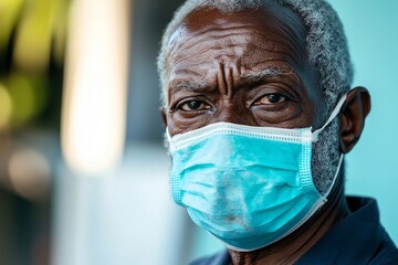 Close up of concerned senior black man wearing a protective face mask, highlighting vulnerability during a pandemic
