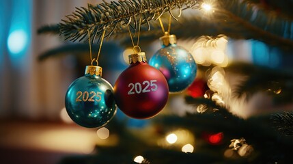 Christmas tree with four balls hanging on it with the inscription 2025. Abstract background of Christmas attributes with the next year number. High quality photo