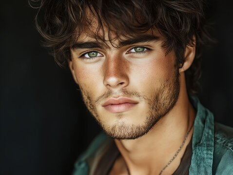 A man with green eyes and a beard is looking at the camera