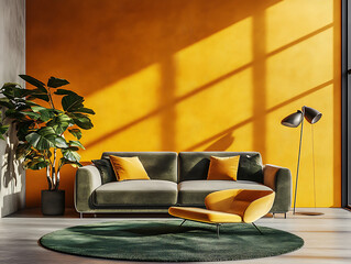  Modern interior design of living room with grey sofa floor lamp and green armchair 3d rendering Harvest Time Mustard yellow rust orange deep brown olive green Historical Iconography