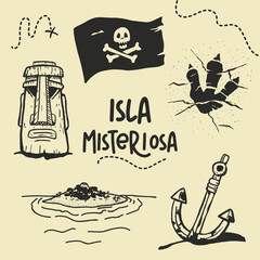 Isla misteriosa plantilla de iconos vectorial editable, vacaciones, turismo, aventura, isla, calavera, tiki, huella y ancla © SofiaMartina