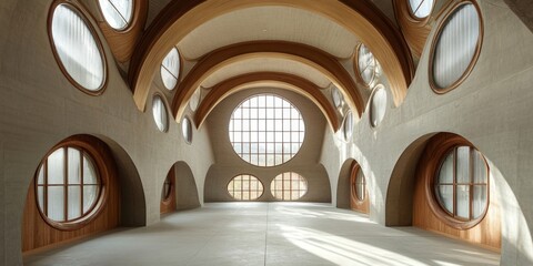 Obraz premium Stunning Architectural Interior Design: A Hall with Numerous Circular Windows and Wooden Arches