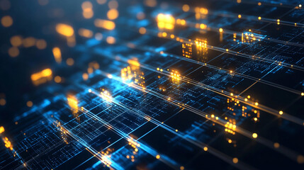 Abstract digital background with glowing neon lines and cyberpunk elements, Hexagons pattern Geometric abstract background