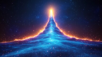 Glowing abstract Christmas tree on dark background.