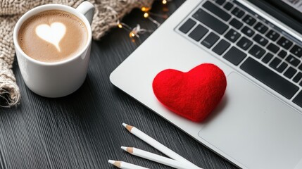 A warm cup of coffee sits next to a soft red heart decoration on a dark wooden desk surrounded by pens and a laptop. This setting inspires comfort and creativity