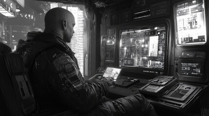 Obraz premium Futuristic Cyberpunk Soldier Operating Advanced Technology