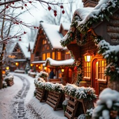Obraz premium Warm autumnal close-up of a Christmas village with cozy cabin and earthy tones
