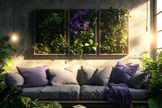  Apartment interior 3d render Rainforest Emerald green moss bark brown orchid purple Art Brut (Raw Art)