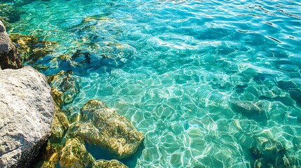 Crystal clear turquoise water with rocks in the foreground.