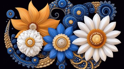 Vibrant Floral Arrangement with Intricate Designs on Black Background