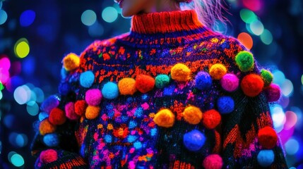 Fun and quirky holiday sweater with bright pom-poms, long exposure creating festive movement and charm