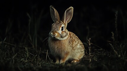 Fototapeta premium A brown rabbit sits in a dark grassy field, its eyes gleaming in the faint light.