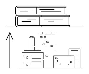 Stacked books above a cityscape with an upward arrow indicating growth and development. Ideal for education, career advancement, urban planning, innovation, learning, knowledge sharing, progress