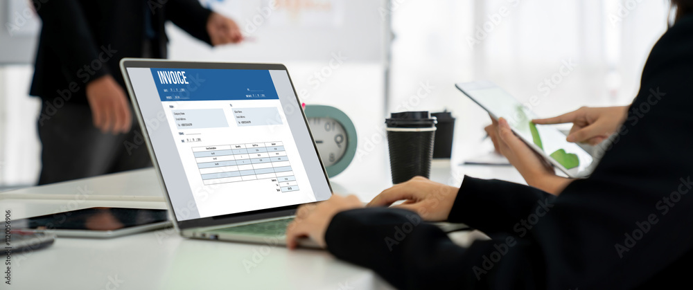 Poster invoice on computer screen from accounting application. computer program for financial and budget of