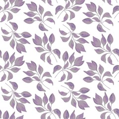 Seamless floral pattern with twigs and leaves in light purple tones on white background. Elegant and delicate design for textile, wallpaper and other decorative projects.
