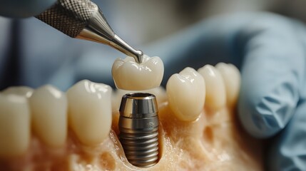 A dental professional is placing a crown on an implant in a model of teeth, showcasing dental restoration techniques.