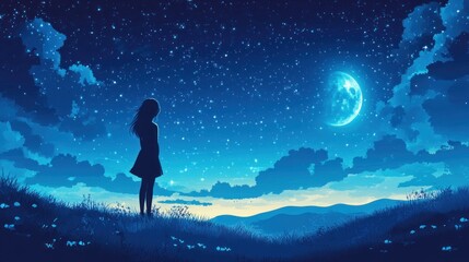 Obraz premium Girl Silhouetted Against Night Sky Moon And Stars