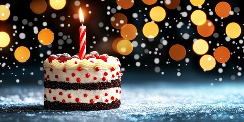 Delicious cake with candle against a festive background
