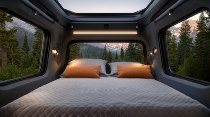 Soft orange pillows rest on a cozy bed inside a cabin. Through large windows, a misty forest creates a serene atmosphere on a quiet morning.