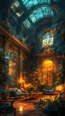  Victorian Conservatory with a Twist Deep colors exotic plants vintage furniture a unique and beautiful space Sunset Glow Orange coral magenta golden yellow Art Nouveau