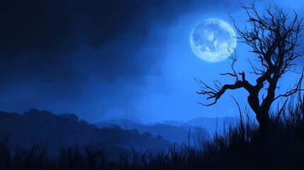 A barren tree silhouetted against a large blue moon and distant hills