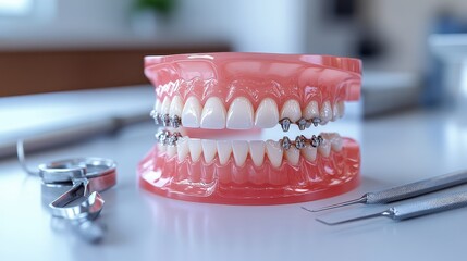 A realistic model of braces on a dental jaw, showcasing teeth alignment and orthodontic tools on a clean workspace.