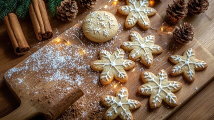Festive Snowflake Cookies on Wooden Board with Cinnamon, Pinecones, and Lights