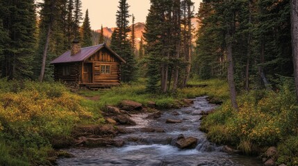 Rustic Cabin by Stream in Lush Forest Setting