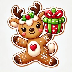 Fototapeta premium A cheerful gingerbread reindeer holding a festive gift, perfect for holiday themes and seasonal celebrations.
