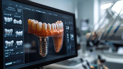 A digital rendering of dental implants displayed on a computer screen in a modern dental clinic environment.