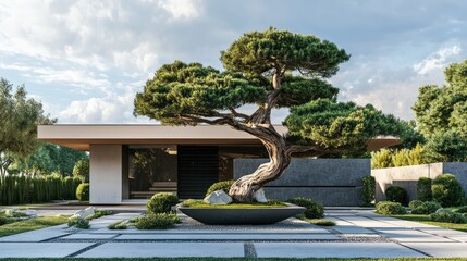 Bonsai tree placed strategically at the front corner of a modern home, surrounded by a zen garden setting