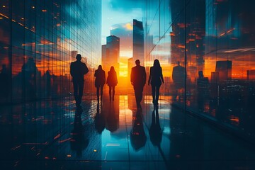 Business Team Walking Toward Future City Sunset