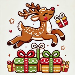 Naklejka premium A cheerful reindeer joyfully leaping among colorful wrapped gifts, embodying the festive spirit of the holiday season.