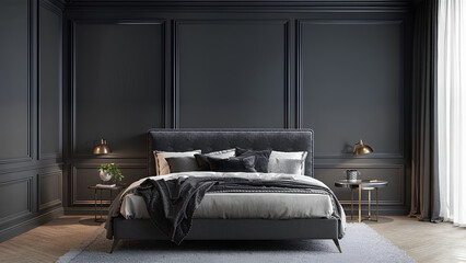 A black bedroom with a large bed and a black wall. Generative AI