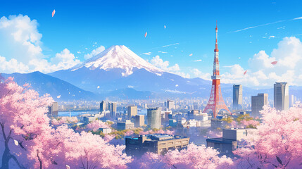 Fototapeta premium kawaii anime cartoon spring season blooming flower Meadow and mountain forest happy day background