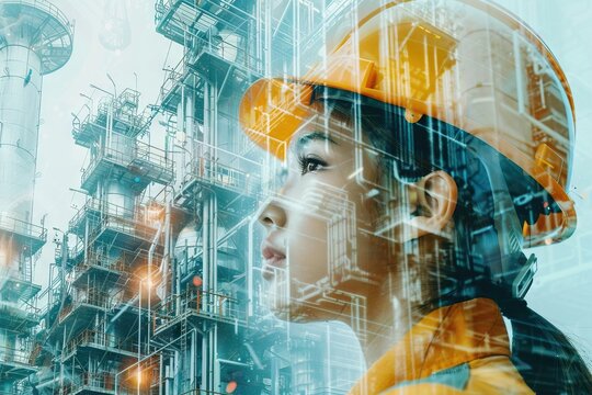 double exposure of woman labor and factory exterior. industrial technology concept.