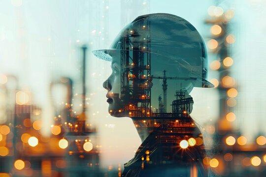 double exposure of woman labor and factory exterior. industrial technology concept. - Powered by Adobe