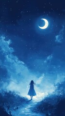 Solitary Girl Gazes at Crescent Moon Night Sky