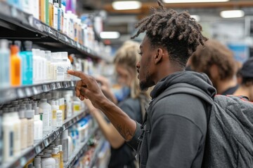 Obraz premium Grocery shopping experience of a young man supermarket lifestyle indoor close-up personal care choices