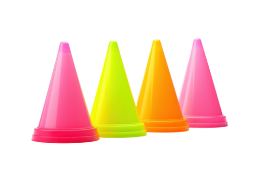 A group of safety cones in various bright colors, such as pink, lime green, and yellow, placed in a triangular formation. The cones are made of durable plastic